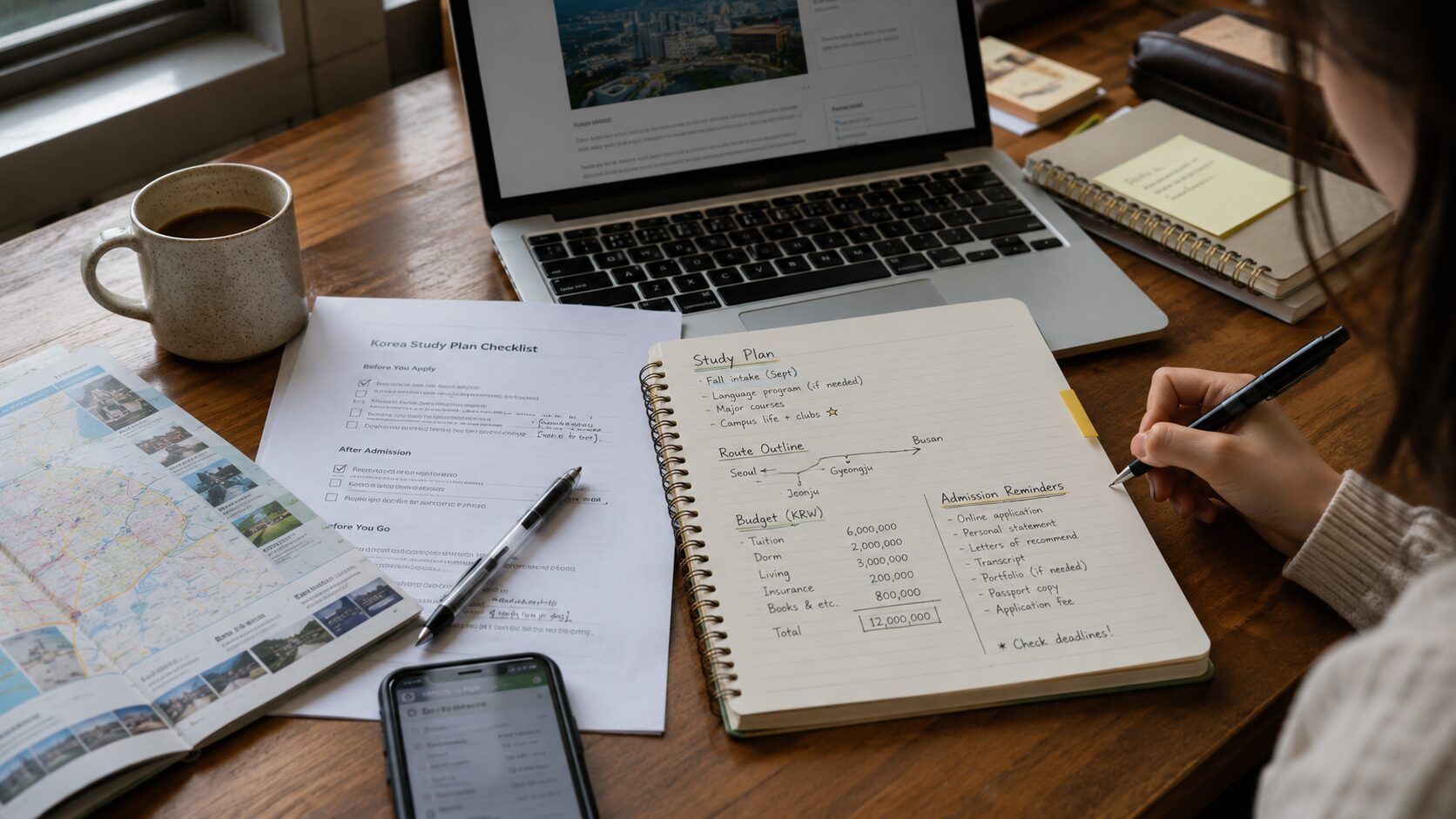 Student creating a Korea study plan with a notebook, checklist, map, laptop and budget notes